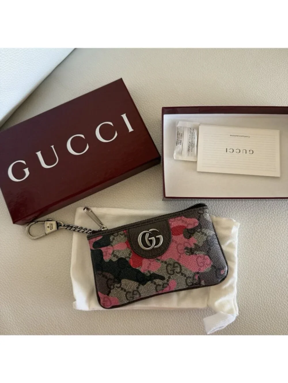 NEW Gucci GG Monogram & Marbled Pink & Red Camouflage Key Case Coin Authentic